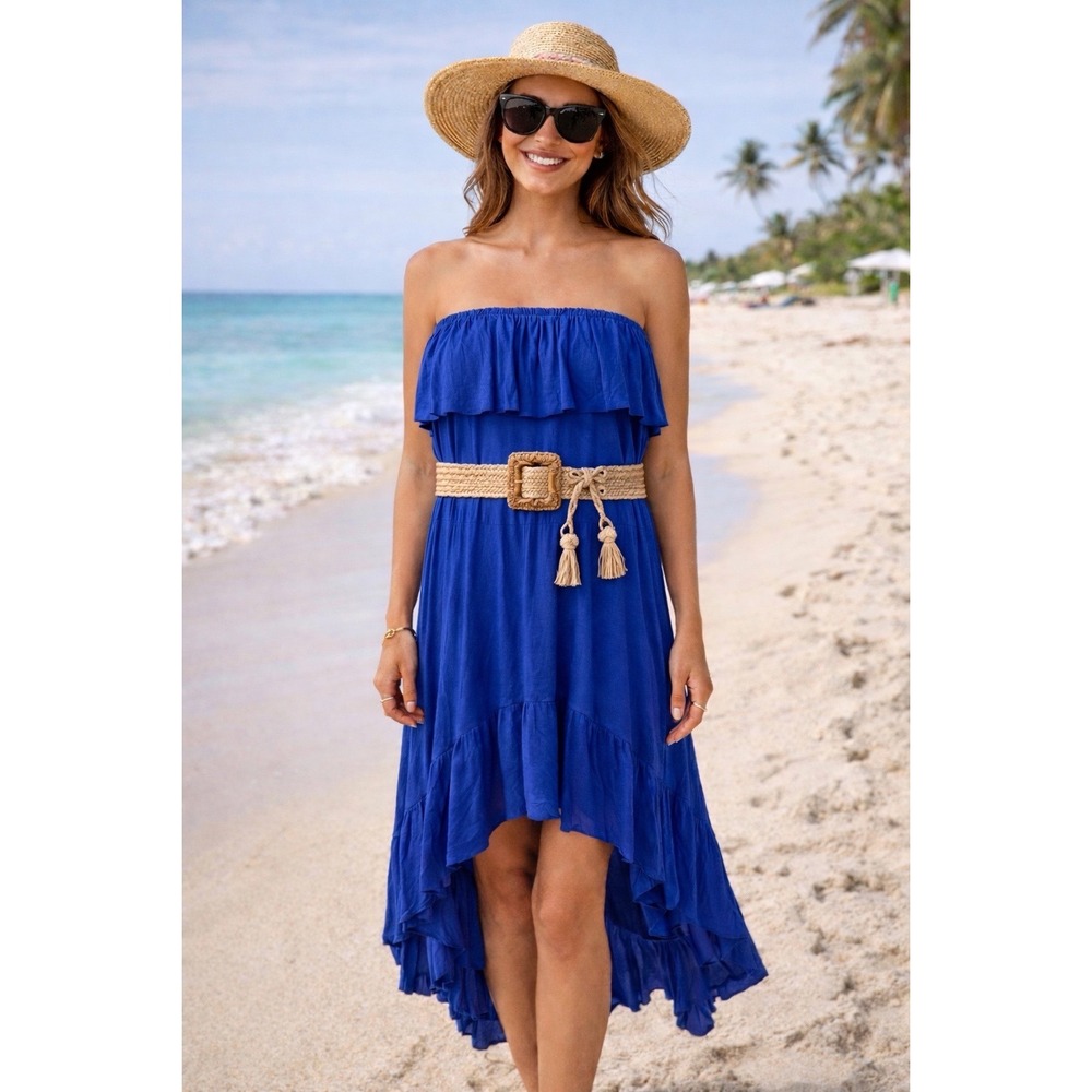 Lilka Royal Blue Strapless High-Low Ruffle Maxi Dress Size S Boho Summer Tube Y1